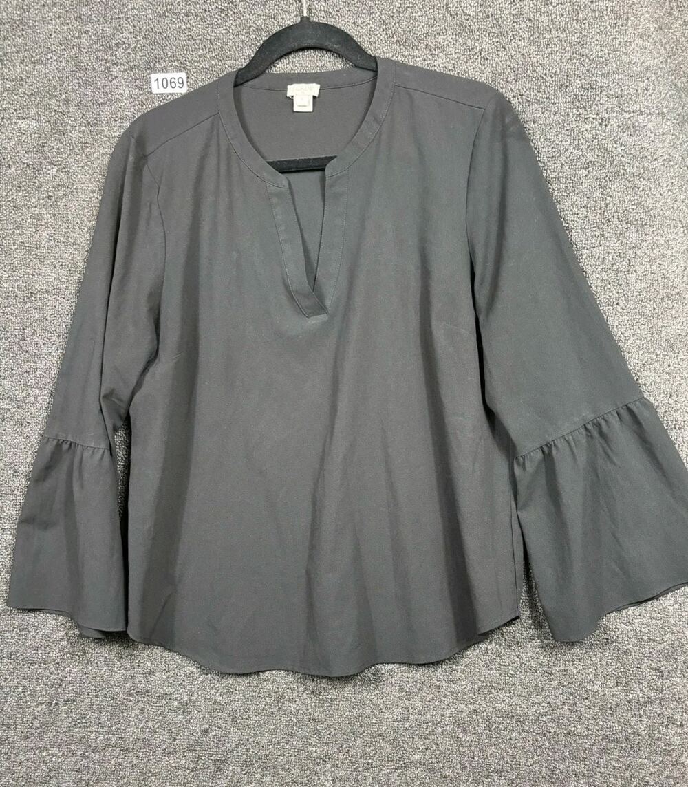 J. Crew Bell Sleeve Blouse Womens Size L Black Long Sleeve Top H1073